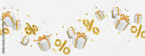 Percent sign floating with white 3d gift boxes on white background. Gold percentage icon fly horizontal promo poster Discount illustration. Economic finance promotion banner