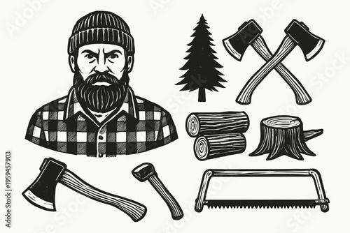 Set of lumberjack tools and scenes, perfect for outdoor, lumber industry, forestry, and woodworkingrelated businesses.