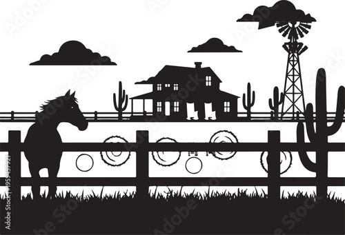 Western landscape silhouette with horse house and windmill, Generative Ai