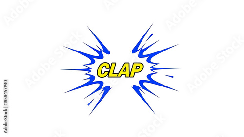 Comic book style "CLAP" word bubble in yellow, with blue burst on white background