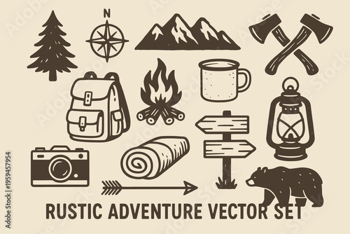 Combined vector set of rustic adventure logo icons with bears, axes, and majestic mountains. Suitable for outdoor, hiking, and camping themes.