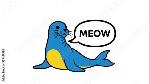 A blue and yellow cartoon seal with a "MEOW" speech bubble on a white background