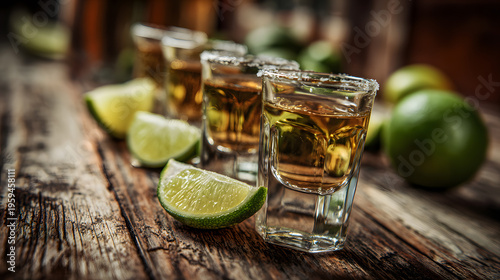 Row of tequila shots with lime wedges on rustic wooden table
