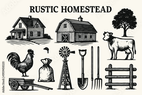 Vintage farm logo design with cows and farmhouses, perfect for agricultural businesses, farmers markets, or sustainable living blogs. Classic and charming.