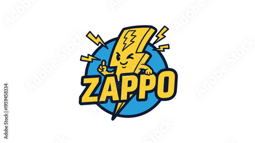 Cartoon lightning bolt mascot winks, giving a thumbs up, with text "ZAPPO" in a blue circle