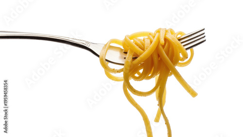 Фотография Golden yellow linguine pasta expertly twirled around a gleaming silver fork, tas