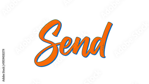 The word "Send" written in a script font. Orange letters with blue outline, on white