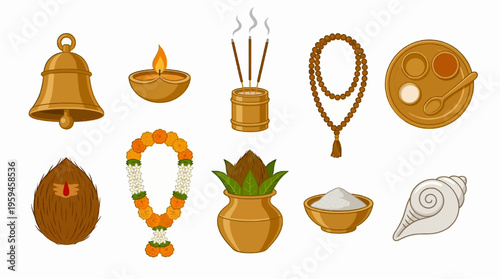 Hindu Ritual Items Collection Set Diya Bell Incense Kalash Illustration