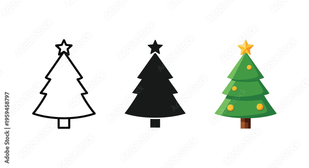 Obraz premium Set of three distinct vector graphic illustrations depicting a stylized Christmas tree design icons