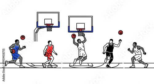 Athletes demonstrate basketball gameplay including dribbling shooting dunking and defense on court with hoops and balls visible