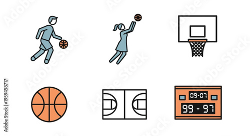 Collection of Basketball Sport Icons Showing Players Hoop Court Ball Scoreboard and Basket Net for Athletic Competition and Game Graphics