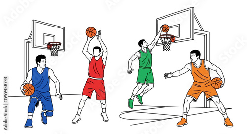 Dynamic action scene with athletes playing basketball on a court engaging in shooting and defending moves during a game