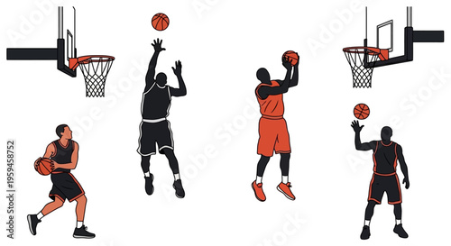 Athletic Individuals Engaged in Basketball Actions Including Shooting and Dribbling Near Hoops on White Background Representing Sport and Competition
