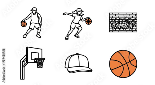 Collection of basketball elements showing players practicing dribbling with a ball near a hoop and brick wall with cap and equipment