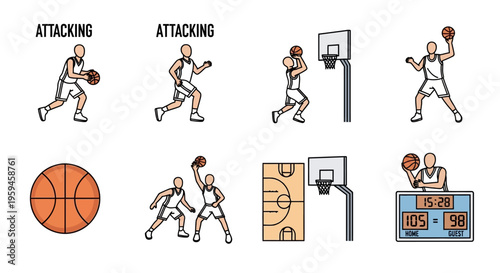 Basketball Activity Collection Illustrating Offensive Movement And Game Elements