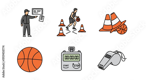 Basketball Coaching Icons Showing Training Drills Equipment Player Stopwatch and Whistle for Sports Development and Practice Concepts