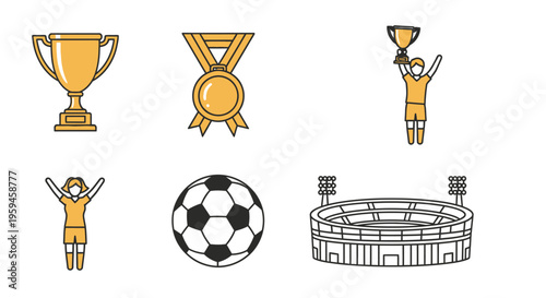 Soccer icons set featuring trophy, medal, ball, stadium, and players celebrating victory.