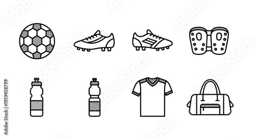 Collection of athletic equipment including a ball cleats water bottles jersey and duffel bag for sports training and competition readiness