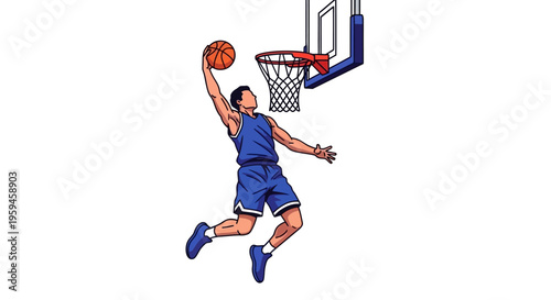 Athletic man in blue uniform performing a slam dunk on a basketball court with a hoop and net during a competitive game action