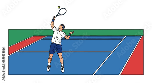 Active male athlete executing a powerful overhead tennis serve on a vibrant blue court with green background hitting ball high in air during outdoor
