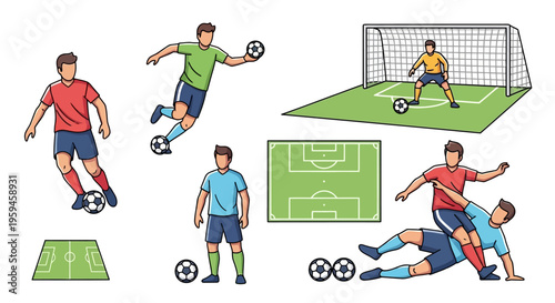 Athletic Men Playing Soccer Game Action Shots Showing Different Poses And Poses On Field Including Goalie And Tackle For Sports Concepts
