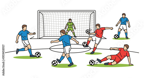 Dynamic soccer game action with players in red and blue uniforms competing for the ball near a goalpost with a goalkeeper defending the net during a