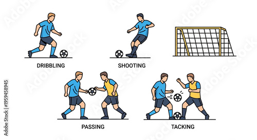 Illustrations depicting fundamental soccer player actions including dribbling shooting passing and tackling near a net with white background