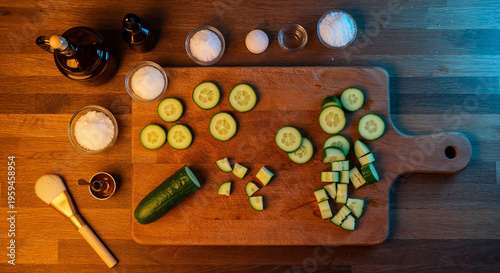 top with of wooden cutting desk with cut cucumber cubes, and various ingredients for cosmetics
