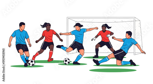 Soccer players compete on green field near goal during active team game illustration for sports and competition themes
