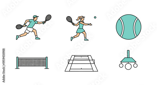 Active People Playing Racquet Sport With Ball Court Net and Equipment Outline Icons Representing Athletic Competition and Recreation Activities