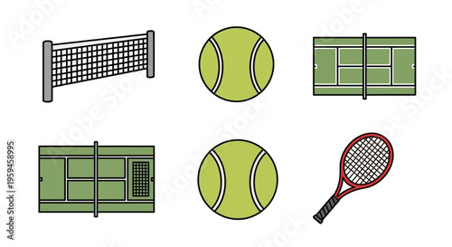 Collection of Tennis Court Elements Including Balls Net and Racket for Sports Recreation and Athletic Competition Concepts