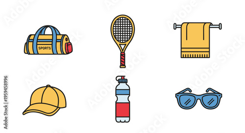Collection of sports equipment and accessories for fitness and outdoor activity including a duffel bag tennis racket towel cap water bottle and