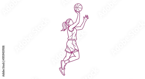 Young female athlete in mid air taking a jump shot with a basketball during a competitive game illustration