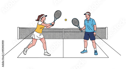 Two people playing a competitive racket sport on an outdoor court with a net and ball