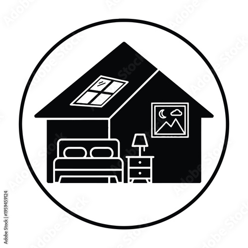 Simple black and white illustration of a serene bedroom scene with bed nightstand lamp and framed picture inside a house icon