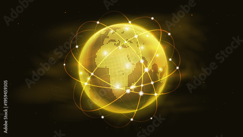 Glowing Golden Earth with Global Network Connections, Abstract Digital World Map Sphere with Light Nodes and Technology Lines