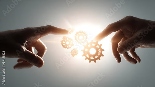 Collective intelligence artwork with bright gears forming thoughts inside a head outline, each gear guided by different departmental hands