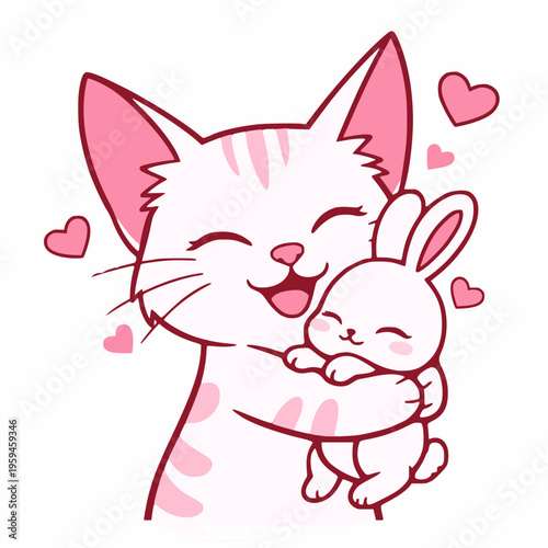 Cute Pink Cat Hugging Bunny Happy Emotion