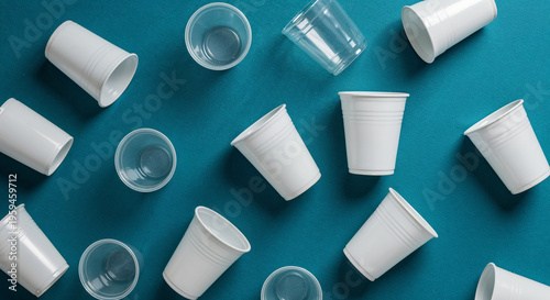 top view of white and plastic cups on blue background