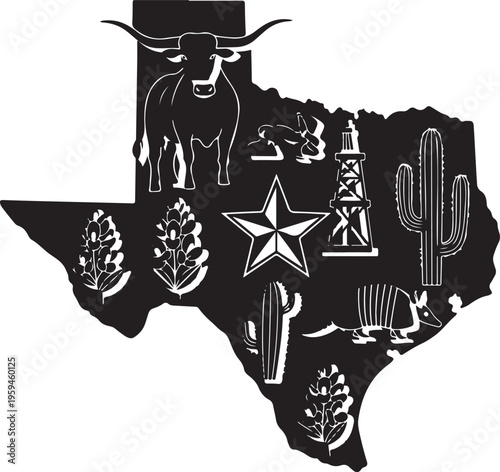 Texas silhouette with various iconic symbols and a star, Generative Ai