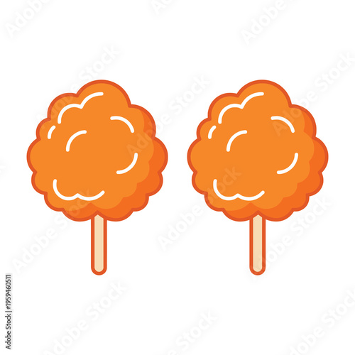 Two orange cotton candy treats on sticks illustrated in a cartoon style with bright orange color and white highlights on a white background