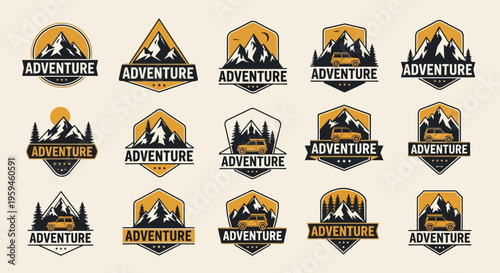 Vintage Adventure Logo Collection: Mountain and Off-Road Vehicle Badges for Outdoor Exploration Branding