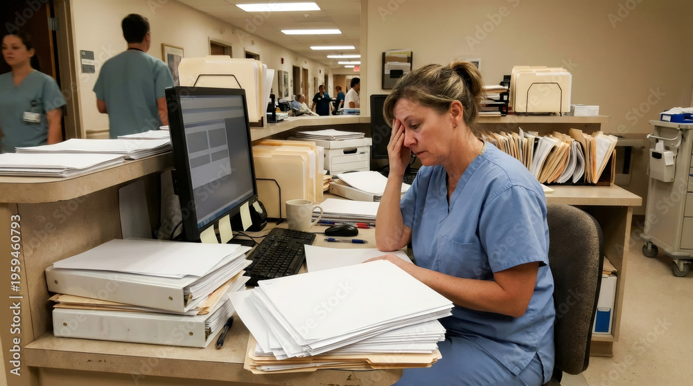 Obraz premium Stressed woman nurse sitting at hospital desk with stack of document and computer. Overworked medical worker feeling tired at workplace. Healthcare professional burnout and pressure concept.