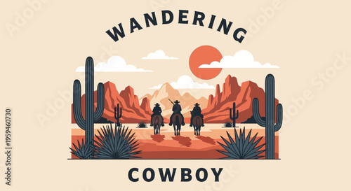 Vintage Wandering Cowboy Vector Illustration in Desert Landscape with Horse Riders and Cacti