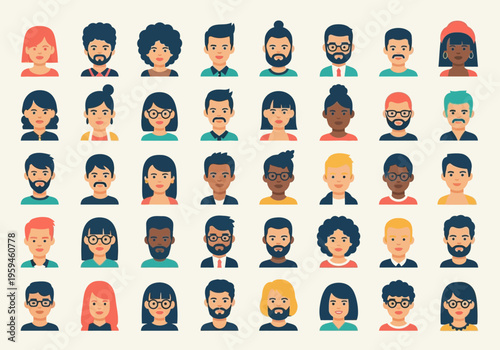 Large Collection of Diverse People Avatars - Flat Vector Illustrations of Men and Women for User Profiles, Team Members, and Social Media Icons