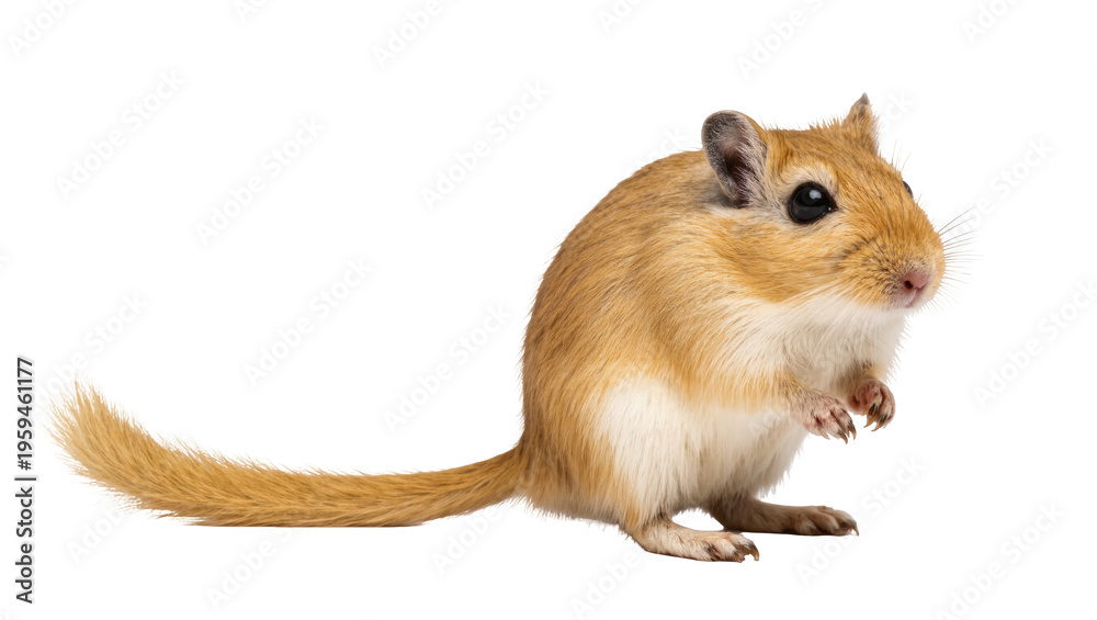 Naklejka premium Adorable fluffy gerbil, a small pet rodent, standing upright with curious expression