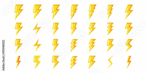 A collection of bright yellow lightning bolt icons on a white background