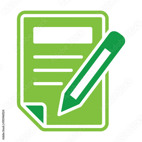Green document and pencil icon symbolizing writing and editing on a white background with simple design