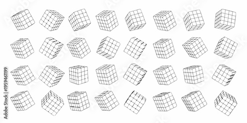 Isometric cubes in varying orientations arranged on a white background