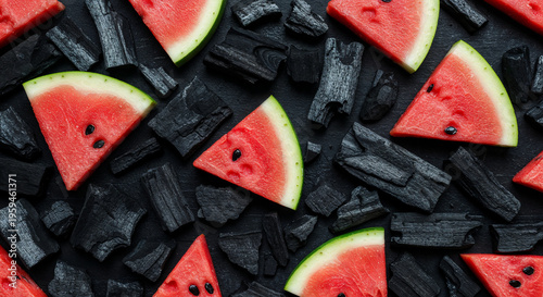 background pattern with delicious red ripe watermelon slices isolated on black
